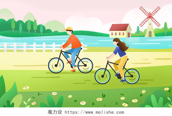 春天户外草地湖边扁平风人物骑行自行车踏青插画自行车骑自行车